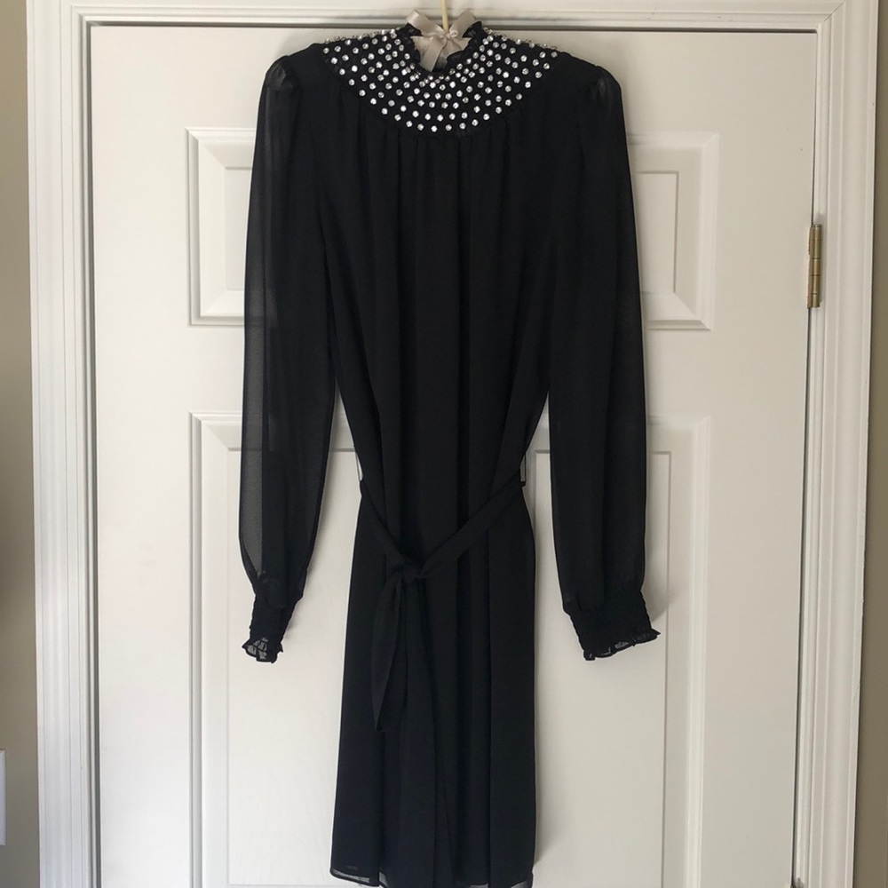 Michael Kors Black Rhinestone Neck, Sheer Dress. Size Lge